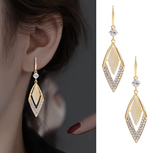 Boersite Gold Coloured Copper Earrings For Women Cat's Eye Stone Drop Dangle Earrings, Diamond-Shaped Jewelry Crystals Vintage Style For Women Girl Gifts Jewelry #TOP1