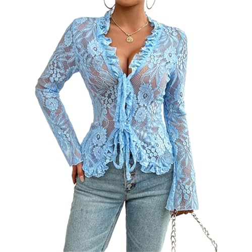Image of Edhomenn Womens Fashion Lace Tops Casual Long Sleeve Tie Front Shirt Sheer Mesh Blouse Y2k Aesthetic Clothes (02 Blue, S)