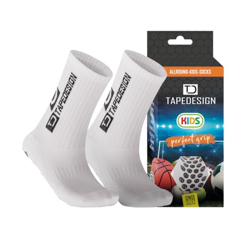 TAPEDESIGN -  Classic Kids  1 Paar rutschfeste Kinder Fußball-Socken  Gr 30 - 36  mit gummierten Noppen Weiß  One-Size  - Grip Fussball-Socken & Sport-Socken für Jungen Mädchen & Jugendliche