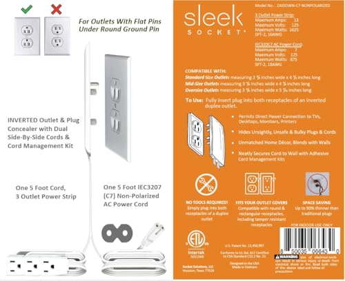 Sleek Socket Original & Patented Ultra-Thin Outlet Concealer with Cord Concealer Kit, 5 Foot A/C Power Cord and C7 or C13 Connector for TV, and 5 Foot Cord, 3 Outlet Power Strip by sleek socket - Image 2