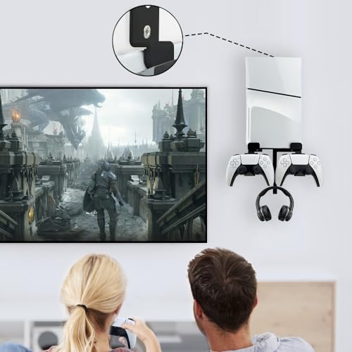 Image of Wall Mount for PS5 Slim Console, Aluminum PS5 Slim Disc /Digital Console Wall Shelf Mount with Controller & Headphone Holder - Black