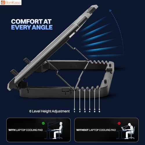 Image of Bonkaso RGB Laptop Cooling Pad with 8 High-Speed Fans, 10 RGB Modes, Smart LED Display, 6-Level Adjustable Stand, Detachable Phone Holder, Dual USB Ports, Iron Mesh, Quiet Operation