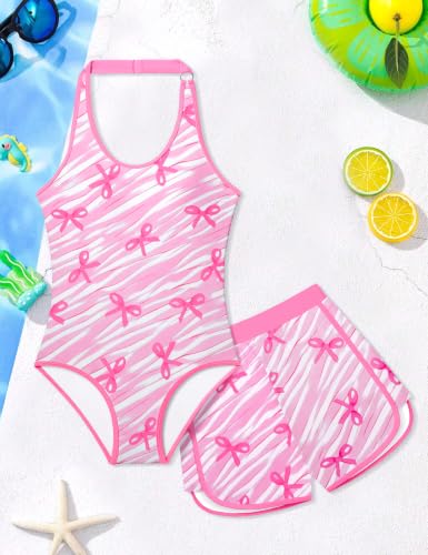 Image of Girls Swimsuit One Piece Swimsuits Color Block Bathing Suit for Girls Adjustable Strap Padded Swimwear with Shorts