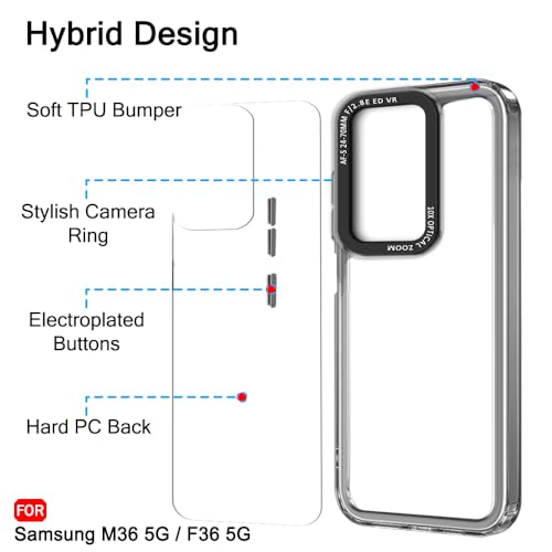Image of TheGiftKart Hybrid Shockproof Back Cover Case for Samsung Galaxy M36 5G / F36 5G | Stylish Camera Border | Electroplated Buttons | Crystal Clear Hard Back Cover Case (TPU & PC, Smoked Bumper)