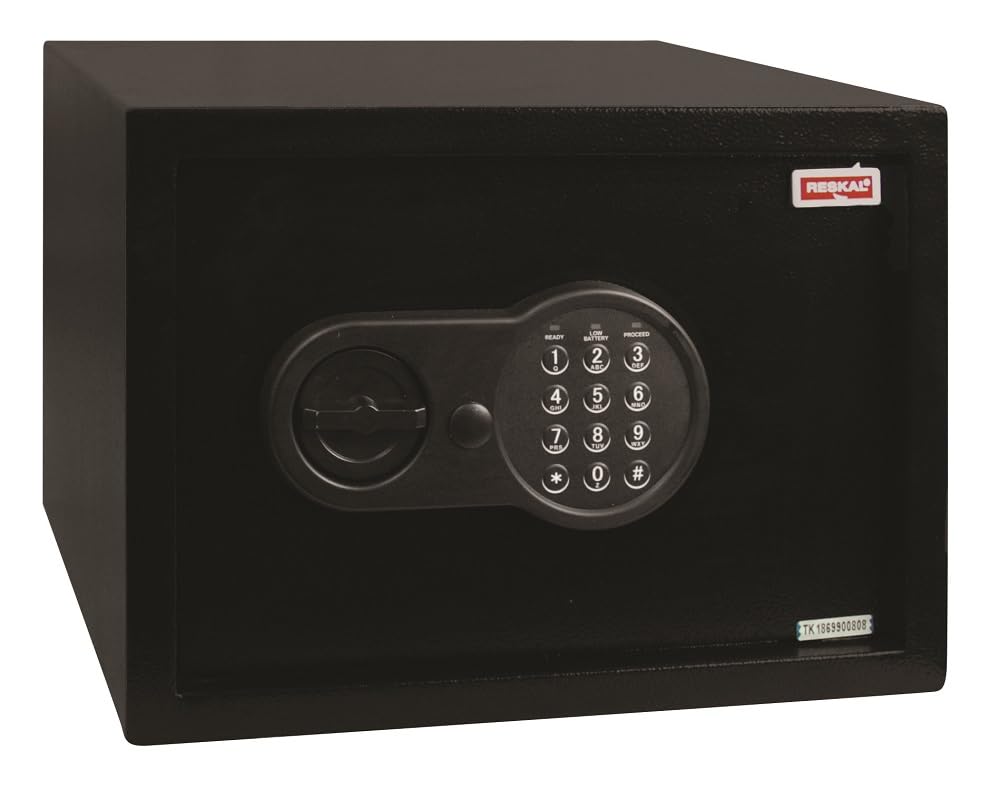 RESKAL – Coffre de Sécurité 16,5L avec Combinaison Électronique et Alarme – 2 Pênes de 20mm, Clé de Secours – Acier Monobloc – Dimensions 250x350x250 mm – Robuste et Sécurisé