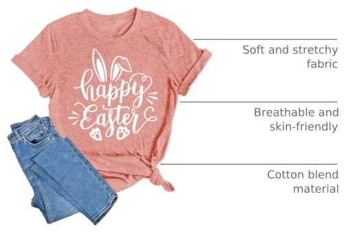 Image of Women Happy Easter T Shirt Bunny Rabbit Graphic T-Shirt Funny Letter Printed Shirts Short Sleeve Tops