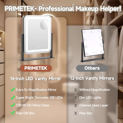 PRIMETEK 16x14 LED Lighted Makeup Mirror with Touch Screen, 3 Lighting Options, and 5X Magnification - Black