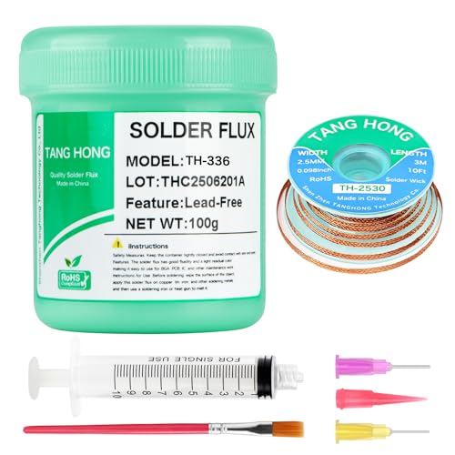 TANG HONG TH-336 Flussmittel Löten 100g No-Clean Bleifreies Kolophonium Flussmittel(1 Stück)2.5MM/3M Entlötlitze(1 Stück) Geeignet Für Handy-Lötungen BGA Haushaltsgerätereparaturen