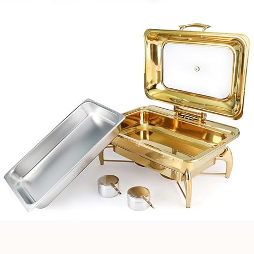 Serveur Buffet en Acier Inoxydable 10L - Ensemble De Vaisseau À Rembourrer Rectangulaire avec Couvercle en Verre, Poêle À Eau Et Support De Carburant pour Les Mariages, Banquets, Fêtes