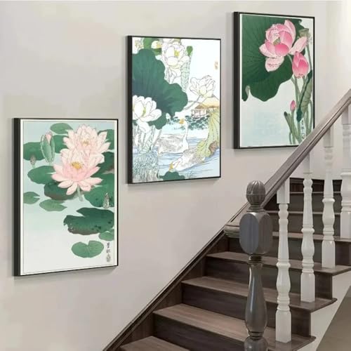 Toile retro paysage fleurs de lotus 3 pieces de qualite superieure pour interieur elegant