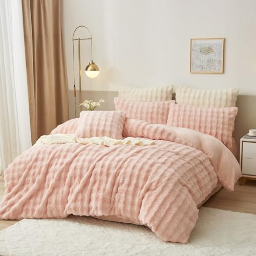 Luowei Ropa de cama de felpa de invierno de 220 x 240 cm, color rosa cálido, acogedora, mullida, reversible, ropa de cama para niña con cremallera y 2 fundas de almohada de 80 x 80 cm