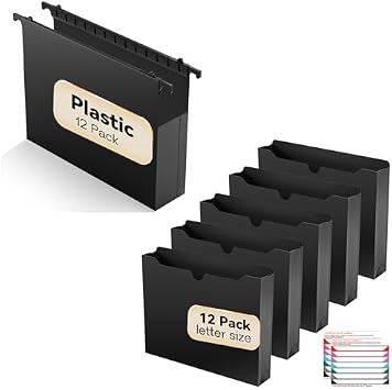 12 Pack Expandable Hanging File Folder Letter Size 2 Inch Expansion & 12 Pack Plastic File Jackets Letter Size Manilla File Pocket Folders