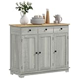 HOMCOM Sideboard Buffet Cabinet with Solid Wood Countertop, Modern Kitchen Storage Cabinet, Coffee Bar Cabinet with 3 Drawers, Doors and Adjustable Shelf, Distressed Light Gray