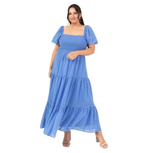 Lovedrobe Women's Ladies Midaxi Dress Short Puff Sleeves Square Neck Bow Tie-Back Shirred A-Line Gingham Milkmaid Cottagecore, Azul 44