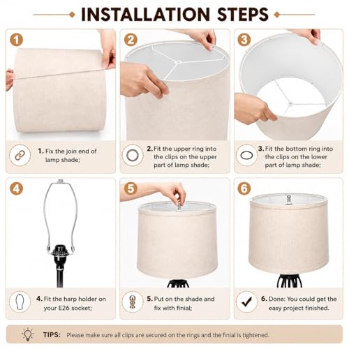drum lamp shades Set of 2 for table lamps – 11.6" Top x 12.6" Bottom x 9.8" High, Qvtekn Medium Beige Lampshades for floor lamps (Spider Fitter), Natural Linen Handcrafted with Easy Assembly by qvtekn - Used condition - Image 5