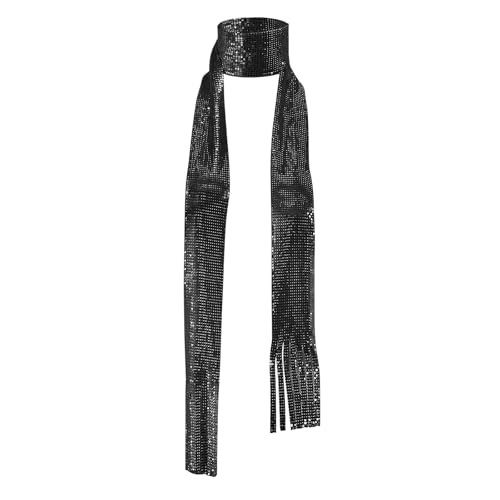 NICEYEA - Écharpe brillante pour femme avec paillettes métalliques, chaîne, cravate, écharpe disco, accessoires années 70, déguisement pour carnaval, noir b, 160 cm