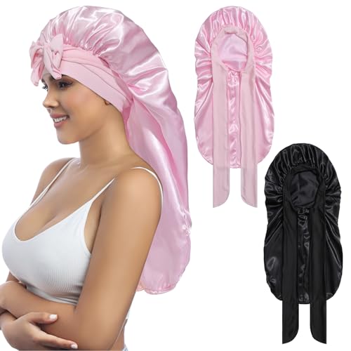 Coubeau 2 PCs Bonnet de Nuit Long en Satin pour Femme - Tissu Doux et Confortable de Haute Qualité Adapté aux Cheveux Longs et Bouclés - Bande élastique et Réglable