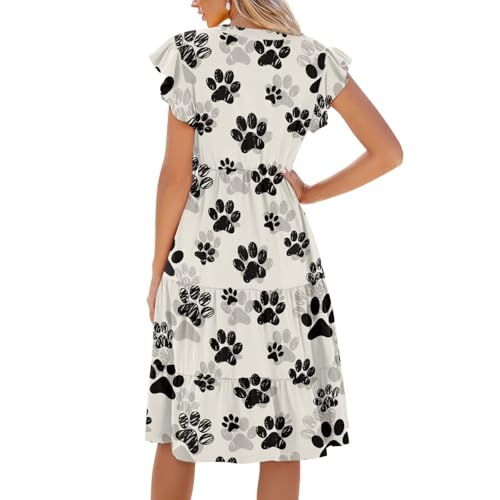 Image of Women's Casual Ruffle Sleeve Dress V Neck Pullover Dress Flowy A-Line Pleated Lightweight Dress with Pockets