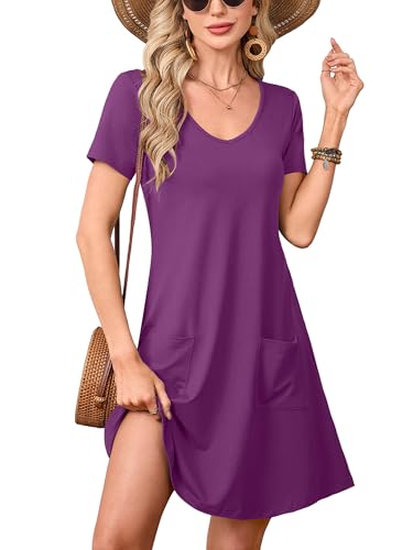 Image of Heymoments Summer Dresses for Women Short Sleeve V Neck Swing Sundress Casual A-Line Flowy Dress with Pockets S-2XL