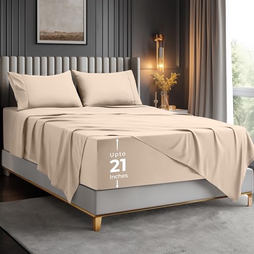 Utopia Bedding King Size Sheet Set – Soft Microfiber 4 Piece Hotel Luxury Bed Sheets with Deep Pockets - Embroidered Pillow Cases - Side Storage Pocket Fitted Sheet - Flat Sheet (Beige)