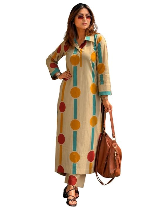 Image of ANNI Designer Cotton Blend Printed Straight Kurta with Pant for Women | Cotton Blend Beige | Full Sleeve | Shirt Collar | Ethnic Wear Casual Wear