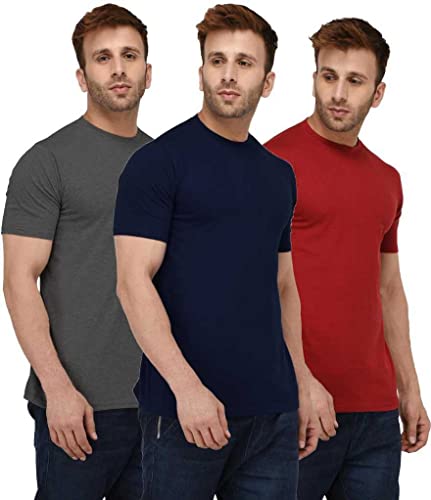 Image of INKKR Men's Solid Regular Fit T-Shirt Blue D-Grey Red