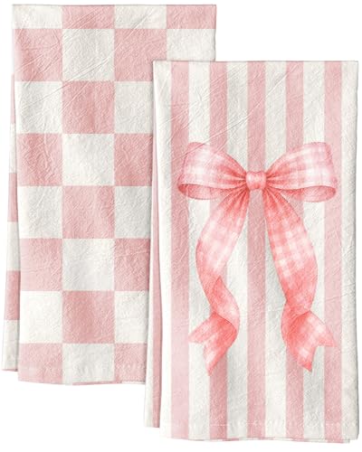 Image of Miss Adola 2 Pack Flour Sack Kitchen Towels - 16x26 Inch Cotton Dish Towels with Hanging Loop Reusable Geometric Cute Modern Retro Tea Towel Absorbent Dishcloths Home Decor, Pink Bow