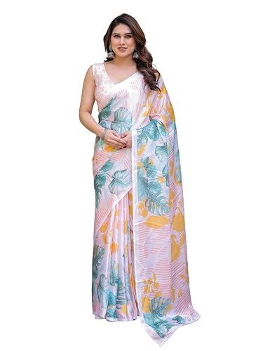 Image of ALMAARI FASHION Women's Floral Printed Georgette Satin Saree with Unstitched Blouse Piece | Traditional Ethnic Wear Sarees | Soft Lightweight Ethnic Office Wear Daily Wear Indian Sari (SG 181-190 F)