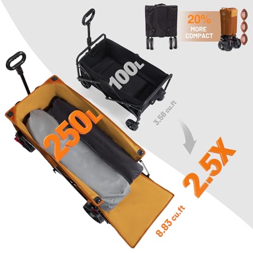 Image of Timber Ridge 47 inch L Collapsible Wagon with Tailgate & Brake, 300 lbs Heavy Duty Beach Wagon with All-Terrain Big Wheels, 250L Foldable Utility Cart for Sand Camping Sports Shopping, Orange