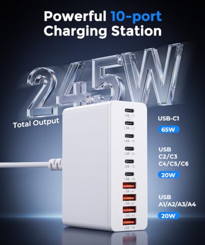 Image of USB C Charging Station 10 Port with 4 Cables,245W GaN Charger Block | Type C Wall Charger Power Strip Adapter Plug for iPad iPhone17 16 15 14 13 12 Pro Max Pixel Note Galaxy White
