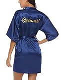 Nieery Damen Morgenmantel Satin Bademantel für Hochzeit Party Sexy V Ausschnitt Kurz Kimono Robe Hausmantel mit 3/4 Ärmel für Braut&Brautjungfern Blau-Brautjungfern(Gold) M