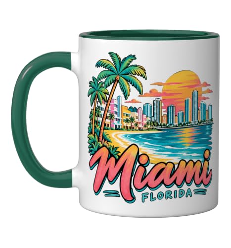Hand Drawn Miami Florida Travel Souvenir Landmark Gift Ceramic Mug, Dark Green/White, 11oz