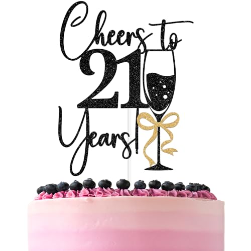 Black Glitter Cheers to 21 Years Cake Topper, Bowties Champagne Happy 21st birthday, 21st Birthday Party Decorations for Girls Women