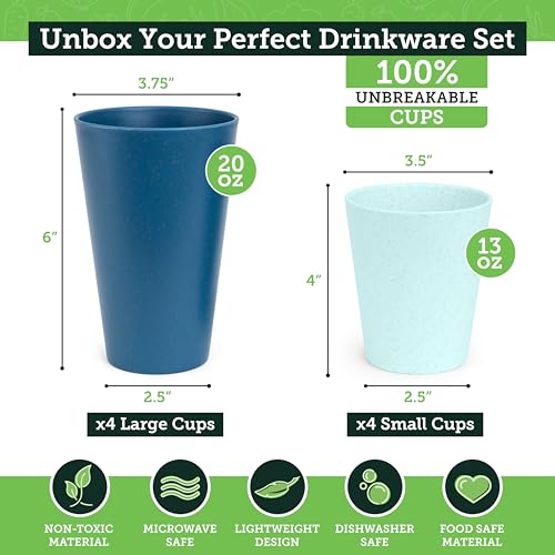 Grow Forward Premium Wheat Straw Cups - 13 & 20 oz Unbreakable BPA Free Hard Plastic Cups - Reusable Lightweight Plastic Drinking Glasses for Kitchen, Outdoor, Water, Camping, RV - Seascape