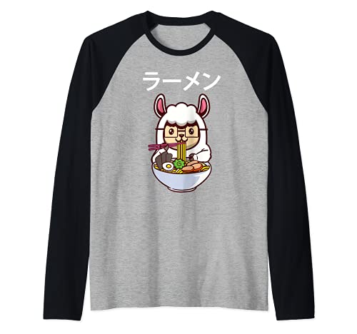 Kawaii Llama mangeant un bol de nouilles ramen Manche Raglan