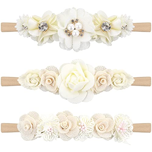 3 Stück Baby Haarband Floral Elastische Stirnband Perle Strass Baby Mädchen Stirnbänder Weiche Neugeborene Kleinkind Haarschmuck（Weiß）