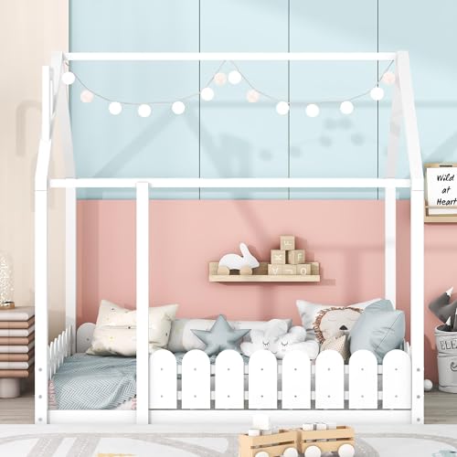 Bellemave Full Size Kids Floor Bed Frame with Fences, Wooden Full House Bed with Roof Can be Decorated for Kids Girls Boys (White) by Bellemave - Used condition - Image 2