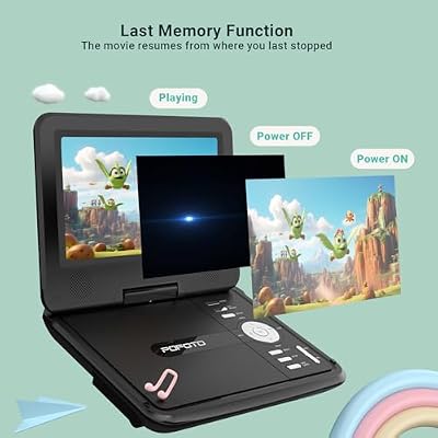 POFOTO 9.5 Portable DVD Player for Kids and Car with 7.5 Swivel Screen, 4-6 Hour Working Time, Car DVD Player with Dual Speakers, Remote Control, Support Sync TV, Region Free USB/SD/AV- Black