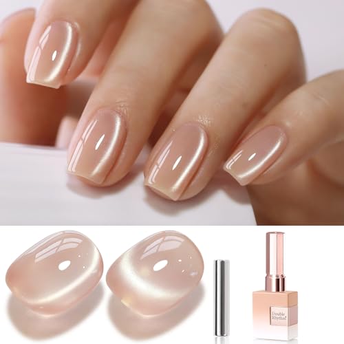 Image of Double Rhythm 0.5 Oz Cat Eye Gel Polish with Magnet Same Color Same Bottle Holographic Glitter Shimmer Translucent Color Salon 15 ML Magnetic Nail Art ((Nude-MC1167)