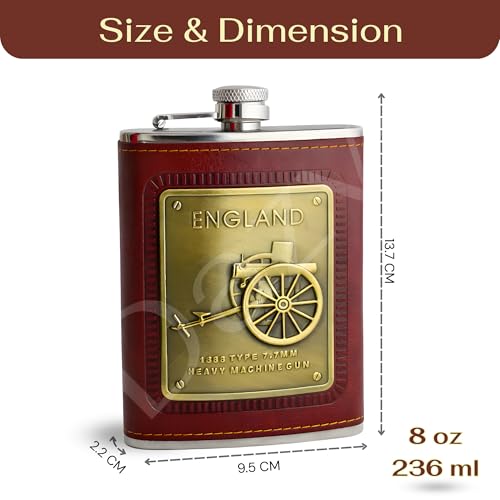 Image of Stainless Steel Hip Flask for Men & Women 8oz (236ml) - Whisky Flask Vodka Alcoholic Liquor Holder with Funnel Drinks Pocket Carrying Case - Leakproof Travel Flasks for Drinks, (Brown ENG)