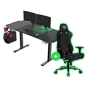 ULTRADESK Level V2 LED RGB computertafel speeltafel bureau 140×68 cm + Throne gamingstoel, XXL muismat, met elektrische hoogteverstelling, intern geheugen voor 2 instellingen, groen