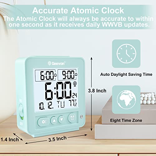 Geevon Small Atomic Travel Alarm Clock With Auto/8S Backlight, 2 Alarm Clocks, Temperature, Increasing Beep Sounds Digital Atomic Travel Clock Battery Operated For Bedroom, Bedside(Mint) #TOP5