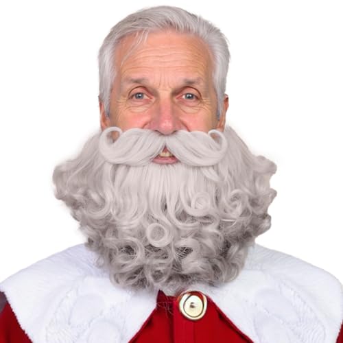 Honcloud Men's 8 Inches Curly Silver White Realistic & Fluffy Fake Beard For Wizard Costume Party and Halloween(Silver White)