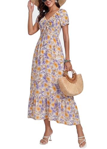 Image of Summer Smocked Boho Maxi Dress for Women 2026 Short Sleeve Floral Smocked Flowy Ruffled Beach Vacation Dresses Lightweight