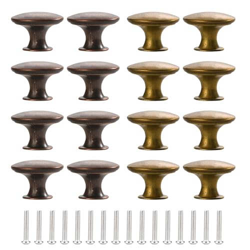 QTORCHE 16 Boutons de Meuble Vintage – 8 Laiton Vieilli + 8 Bronze Cuivré – Vis Renforcées de Différentes Longueurs – Installation Facile – Poignées pour Tiroir, Placard, Commode, Armoire, Cuisine