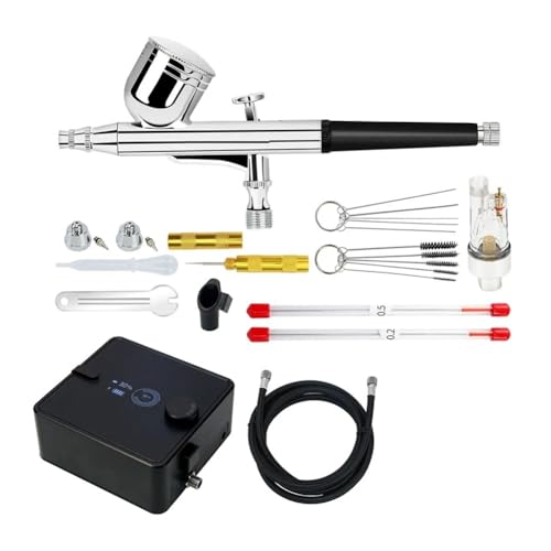 Lonrtesw Kit de Aerógrafo Recargable con Bomba de Aire de Doble Acción e Indicador de Batería para Maquillaje, Pintura, Pasteles, Peluquería, Enchufe Europeo. EU Plug