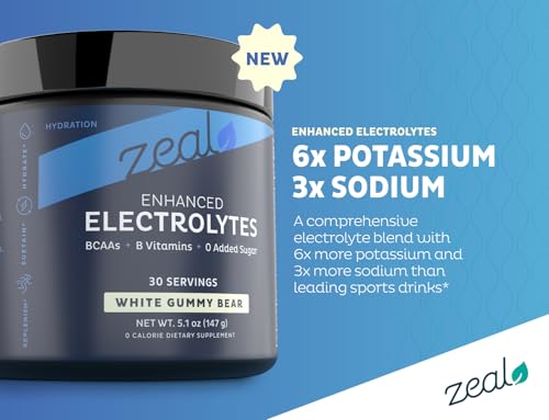 Image of Zeal Electrolyte Powder - 30 Servings | Keto Electrolytes Powder | Zero Sugar, BCAAs, B-Vitamins | Potassium, Zinc, Magnesium | Hydration Powder Recovery Drink | White Gummy Bear