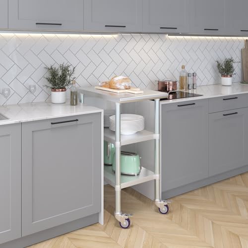 Image of AmGood Stainless Steel Work Table with 2 Shelves and Casters | Metal Utility Table On Wheels (Stainless Steel Work Table with 2 Shelves + Casters, 18 inch Long x 30 inch Deep)