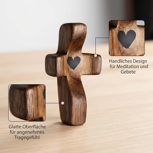 6 Stück Holzkreuz, Handschmeichler Holz, handgehaltenes Schutzkreuz aus, Jesus-Kreuz aus Holz in Herzform zum Stressabbau, Ideal Als Trostgeschenk, Natürliches Accessoire, Daumenkreuz zum Gebet