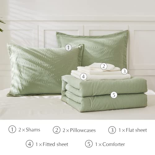 Geniospin Queen Comforter Set, Bed In A Bag Sage Green 7-Pieces, Botanical Pattern, All Season Comfortable Seersucker Bedding With Comforter, Sheets, Pillowcase & Shams (Queen, 90"X90") #TOP7